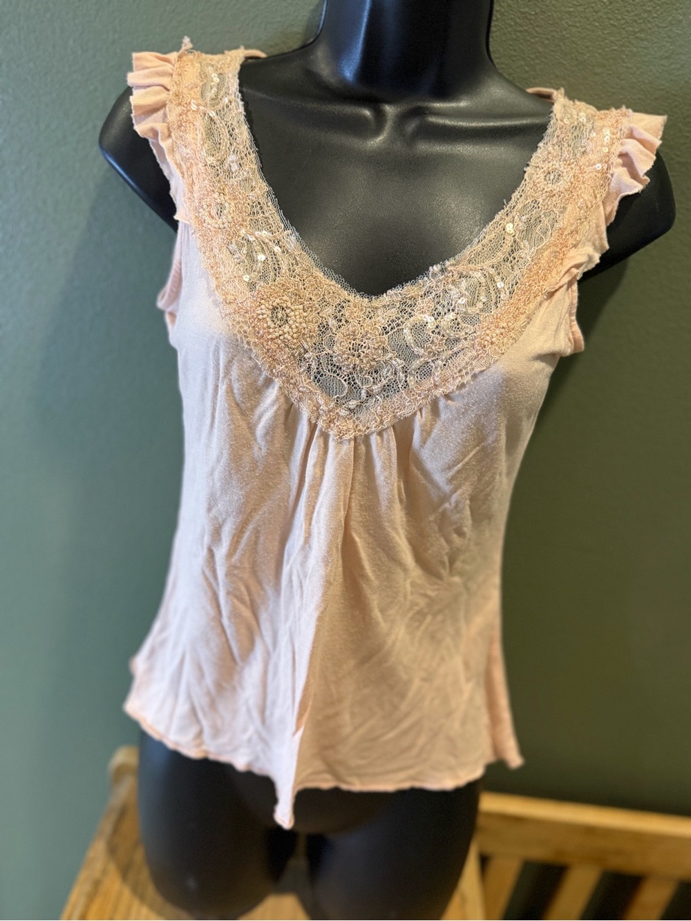 Y2K Fairycore Pink Beaded Lace Modal Flutter Sleeve Top S